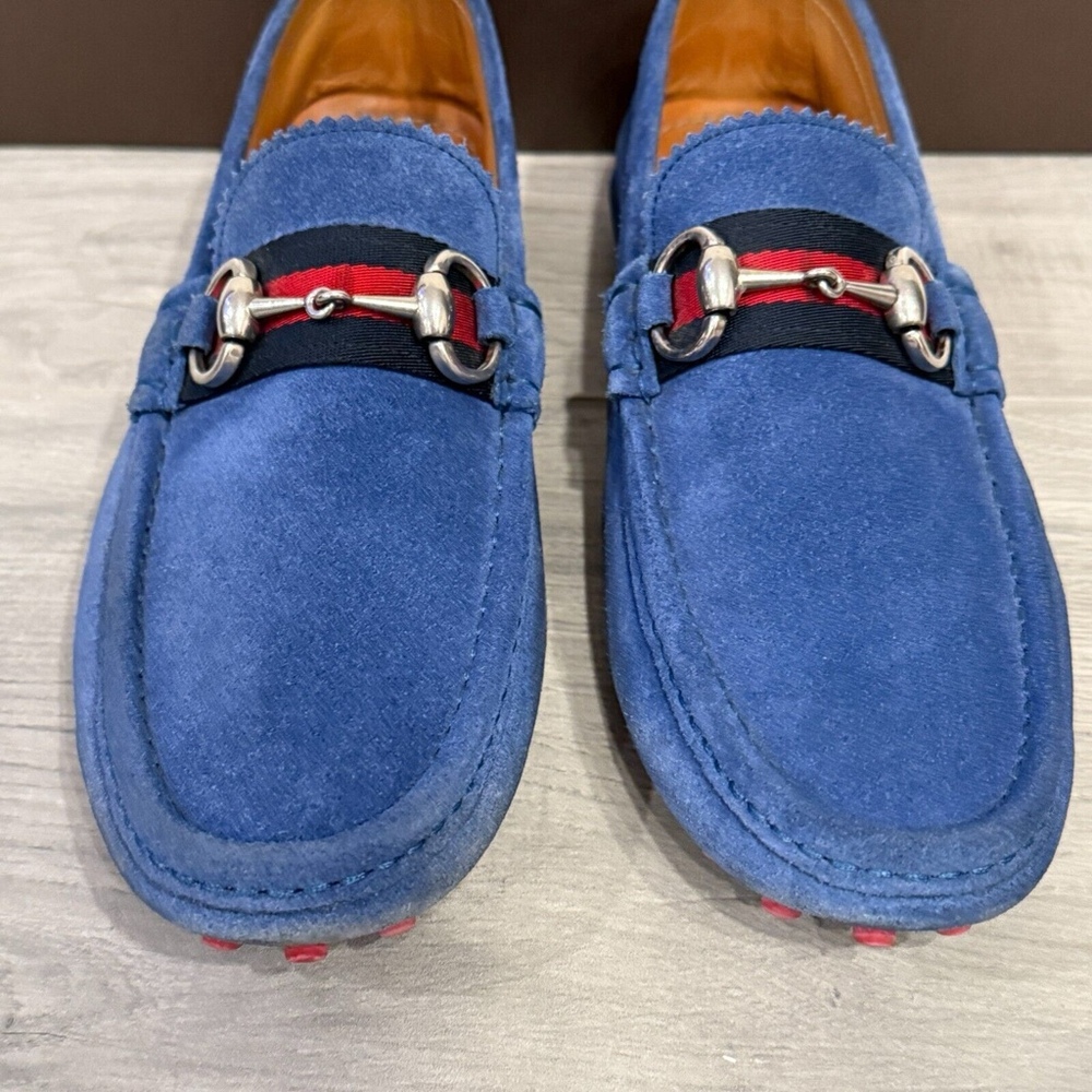 Gucci Blue Suede Driers with BRB Web and Horsebit Details, Gucci Sz 7G, US 9/9.5